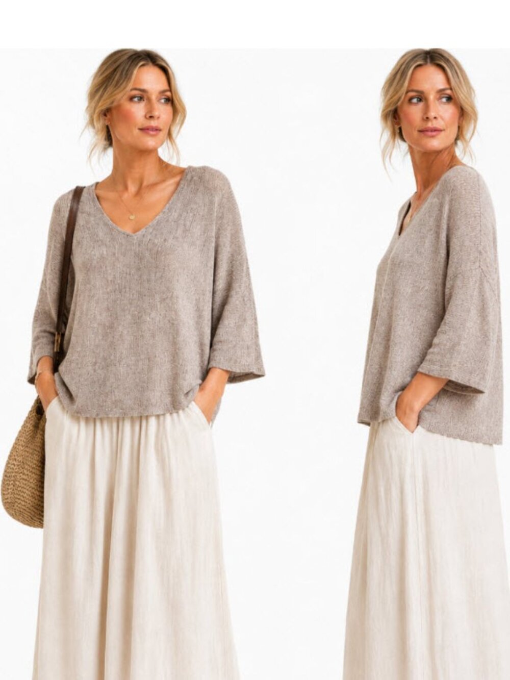 Eileen Fisher Linen V-Neck Knit Sweater Top Taupe Dolman Oversized Small